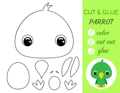 Simple educational game coloring page cut and glue sitting baby parrot for ki Stock Illustration