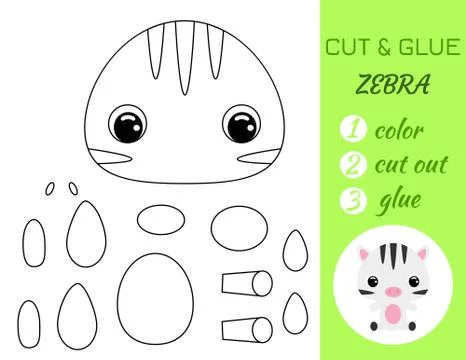 Simple educational game coloring page cut and glue sitting baby zebra for kid Stock Illustration