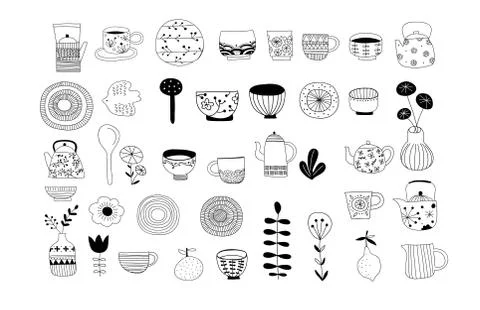 Simple, elegant and stylish collection of modern hand drawn kitchenware, japa Stock Illustration