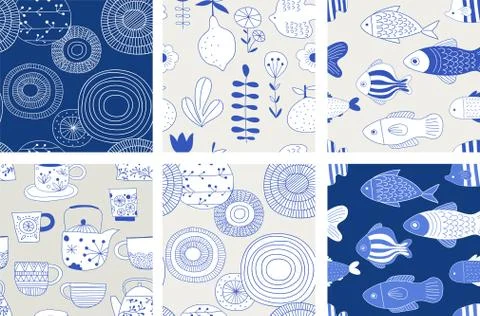 Simple, elegant and stylish collection of modern hand drawn kitchenware, japa Stock Illustration