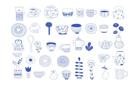 Simple, elegant and stylish collection of modern hand drawn kitchenware, japa 스톡 일러스트