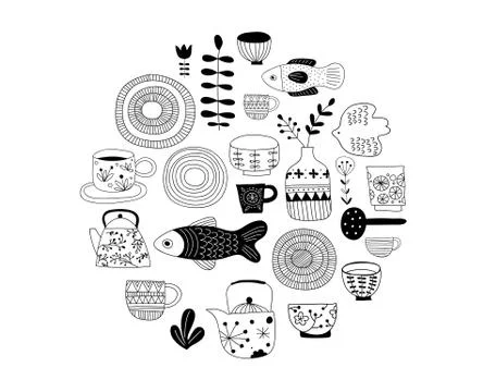 Simple, elegant and stylish collection of modern hand drawn kitchenware, japa Stock Illustration