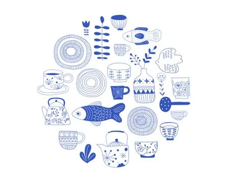 Simple, elegant and stylish collection of modern hand drawn kitchenware, japa 스톡 일러스트