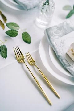Simple Elegant Dining. Sophisticated Table Setting With Marble Dish And Lush Stock Photos