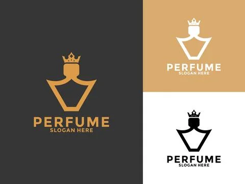Simple elegant perfume logo vector, Perfume Bottle With Crown vector logo i.. Stock Illustration
