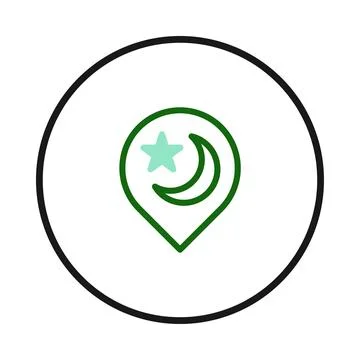 A simple emblem features a green star and crescent moon within a map pointe.. Stock Illustration
