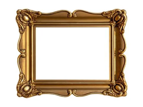 Simple empty blank gold decorative horizontal painting frame on a museum wa.. Stock Photos