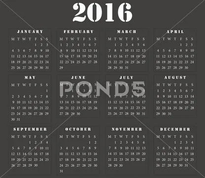 Simple european square calendar 2016 Stock Illustration