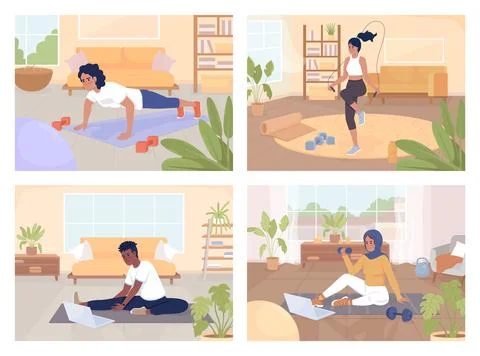 Simple exercising at home flat color vector illustrations set Illustrazione stock