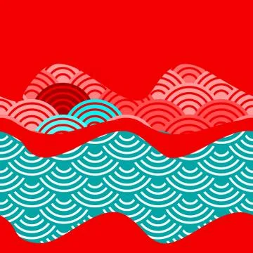 Simple fan background with Chinese wave circle seamless pattern Teal blue red Illustrazione stock