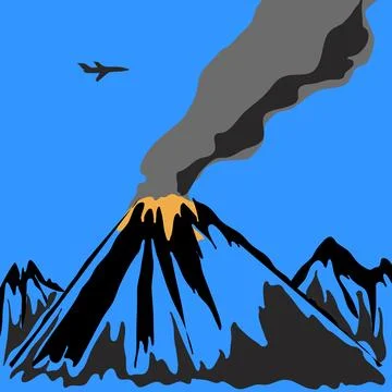 Simple fan image of volcanic eruption and airplane from above Stock Illustration