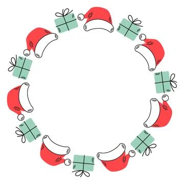 Simple festive round frame with Christmas decor Santa hat and blue gift box Stock Illustration