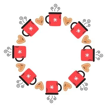 Simple festive round frame with Christmas decor red mug and gingerbread cookie Stock Illustration