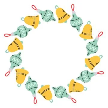 Simple festive round frame with Christmas decor blue and yellow. The simple Stock Illustration