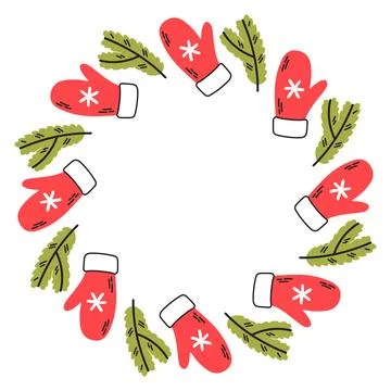 Simple festive round frame with Christmas decor red mitten and spruce branch Stock Illustration