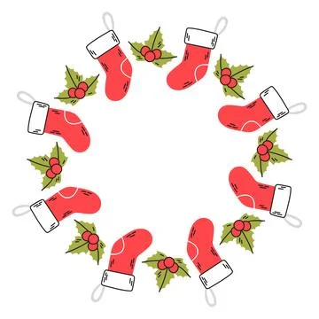 Simple festive round frame with Christmas decor red socks and mistletoe. The Stock Illustration