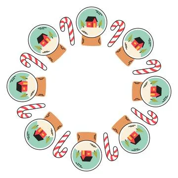 Simple festive round frame with Christmas decor globe and cane. The simple Stock Illustration
