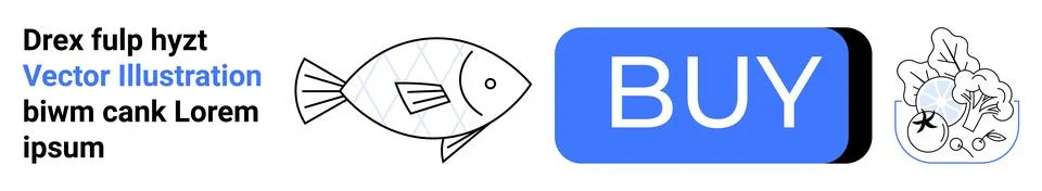 Simple fish outline, blue rectangular Buy button, detailed coral illustration Illustrazione stock