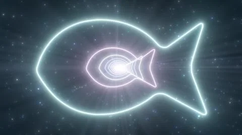 Simple Fish Outline Shape Blue Glowing Neon Lights Tunnel Wormhole Stock Illustration