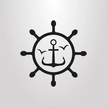 Simple flat art vector sea anchor icon in a sea helm frame Stock Illustration