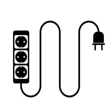 Simple flat black and white electric extension cord or extension cable icon with Illustrazione stock