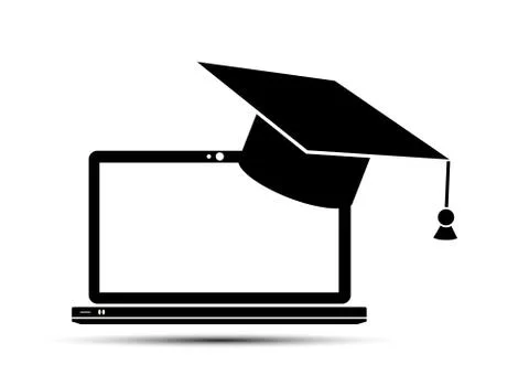 Simple flat cap graduate icon on laptop screen Stock Illustration