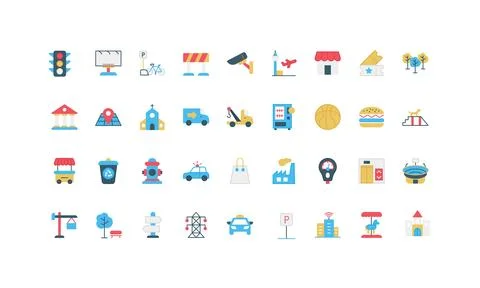 Simple Flat City Elements Icon Set Stock Illustration