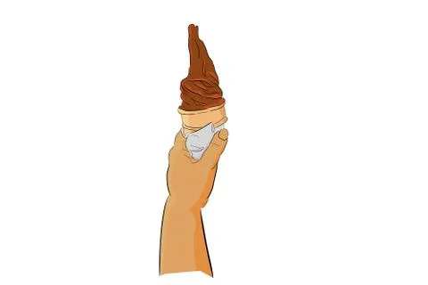 Simple Flat Color Hand Draw Sketch, Hand Holding Chocolate Ice Cream Cone, is Stock Illustration