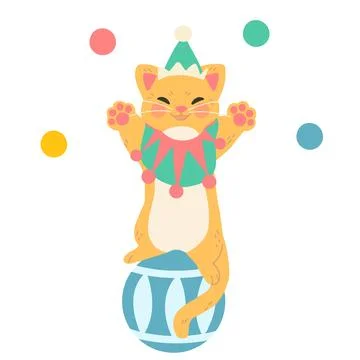 Simple flat colored circus cat standing on a ball Stock Illustration