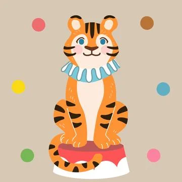 Simple flat colored circus tiger wearing a fancy collar Stock Illustration