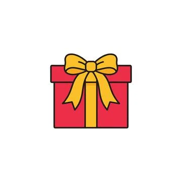 Simple flat design icon of a red gift box with a yellow ribbon and bow, isola Stockillustratie