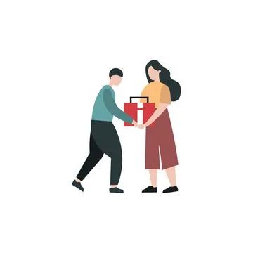 A simple, flat-design illustration depicts a man handing a red box to a woman Stock Illustration