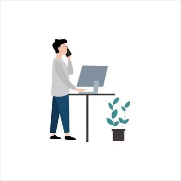 A simple, flat design illustration of a person standing at a standing desk,.. Stock Illustration