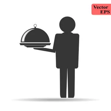 Simple flat design of man waiter stand with hold food cover Stock Illustration