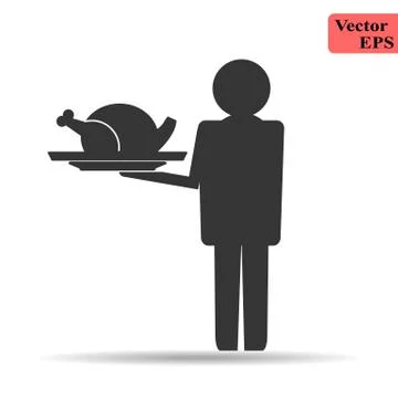 Simple flat design of man waiter stand with hold food cover and grilled chick Illustrazione stock