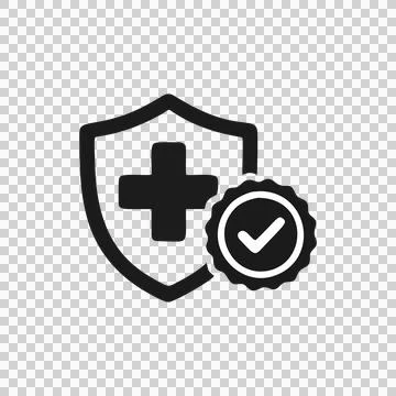 Simple Flat Design Shield with Medical Cross and Certification Seal Icon Symbol Stock Illustration
