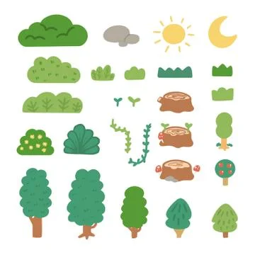 Simple Flat Green Nature Doodle Asset Collection Stock Illustration