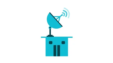 Simple flat icon of a building with a satellite dish sending wireless signa.. Stock Footage 337079730