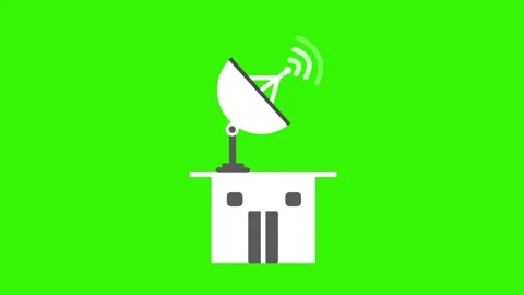 Simple flat icon of a building with a satellite dish sending wireless signa.. Stock Footage 337079733