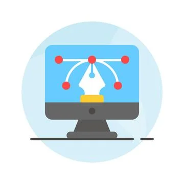 A simple flat icon of a laptop with a large red play button on the screen, Stock Illustration