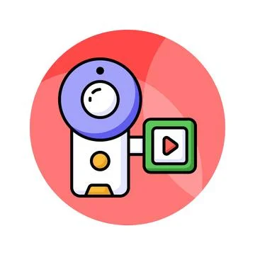 A simple flat icon of a laptop with a large red play button on the screen, Stock Illustration