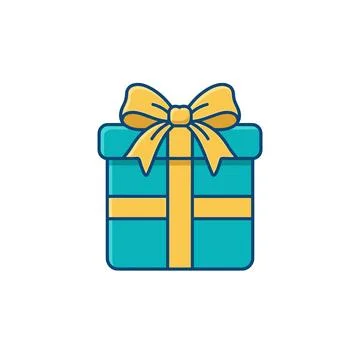 A simple flat icon of a turquoise gift box tied with a yellow ribbon and bow, Stockillustratie