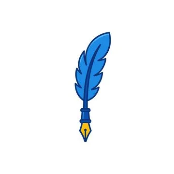 A simple flat illustration of a blue quill pen with a yellow nib, isolated on Stock Illustration