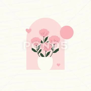 Simple flat illustration of a bouquet of pink flowers in a vase PSD Template