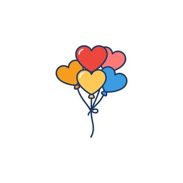 A simple flat illustration of five heart-shaped balloons in red, pink, yellow Stock Illustration