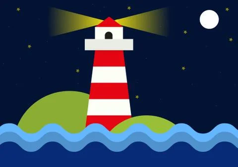 Simple flat illustration of lighthouse during night Stock Illustration