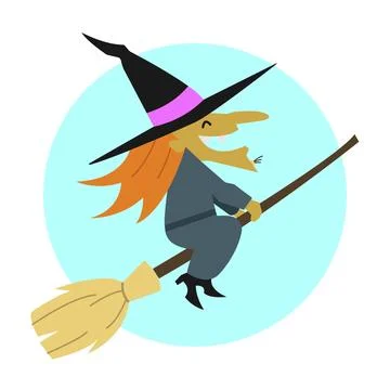 Simple flat illustration of an old witch flying on a broom smiling with a b.. Illustrazione stock