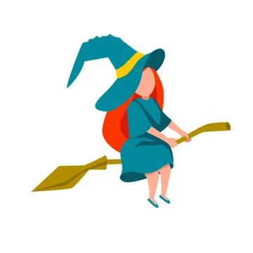 A simple flat illustration of a young witch flying on a broomstick. The Befana Stock Illustration