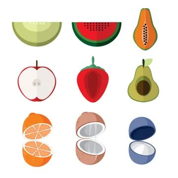 Simple Flat Open Slice Fruits Vector Illustration Set Illustrazione stock