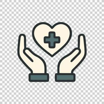 Simple Flat Outline Handdrawn Caring Hands Holding Heart with Medical Cross Embl Stock-Illustration